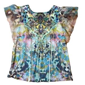 Apt 9 Fairy Sequin Blouse Women 1X Artsy Flowy Flutter Sheer Sleeve Satin Accent